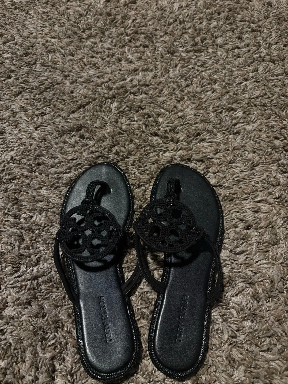 Tory Burch Black rhinestone Circle Logo Toe-Post Sandals